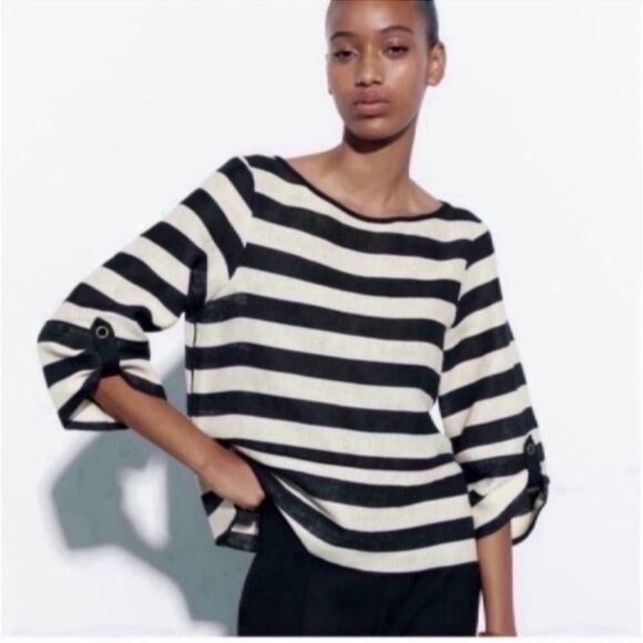 NWT Elegant ZARA STRIPED LINEN TOP Size XS - Picture 2 of 13